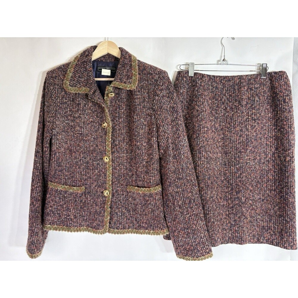 Vtg Harris Wallace Tweed Blazer Skirt Suit Women's Sz 8 Purple USA Wool Blend